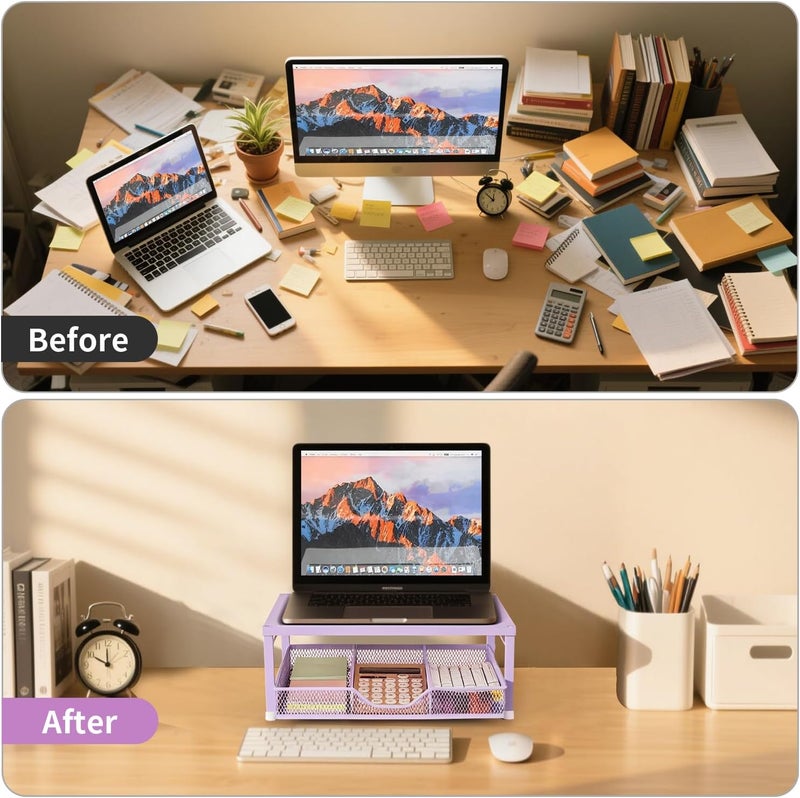 Gugsey Small Laptop Stand for Desk, Monitor Stand, Office Desk Accessories, Computer Desktop Stand with Drawer for Home, Office, School (Purple) - Image 4
